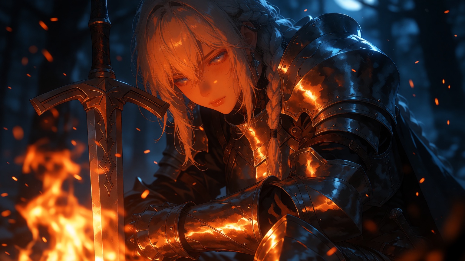 A fantasy anime swordswoman resting beside a campfire at night,  surrounded by a dark forest. Intense orange firelight ill...