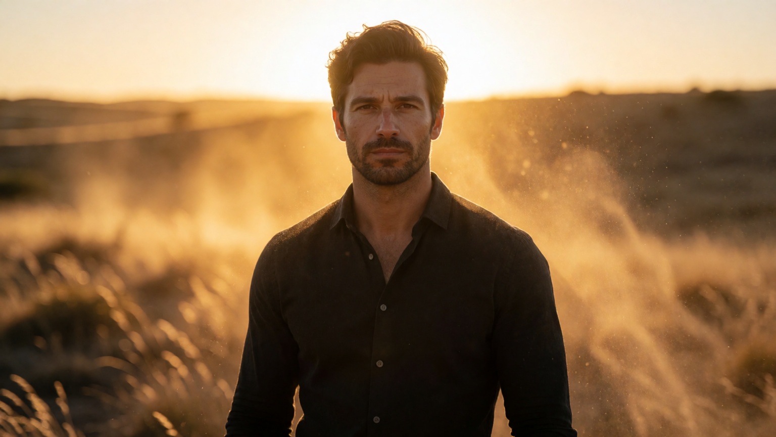handsome ***** man standing in a windswept field at sunset,  dark fitted shirt,  warm golden sunlight behind him on Tensor...
