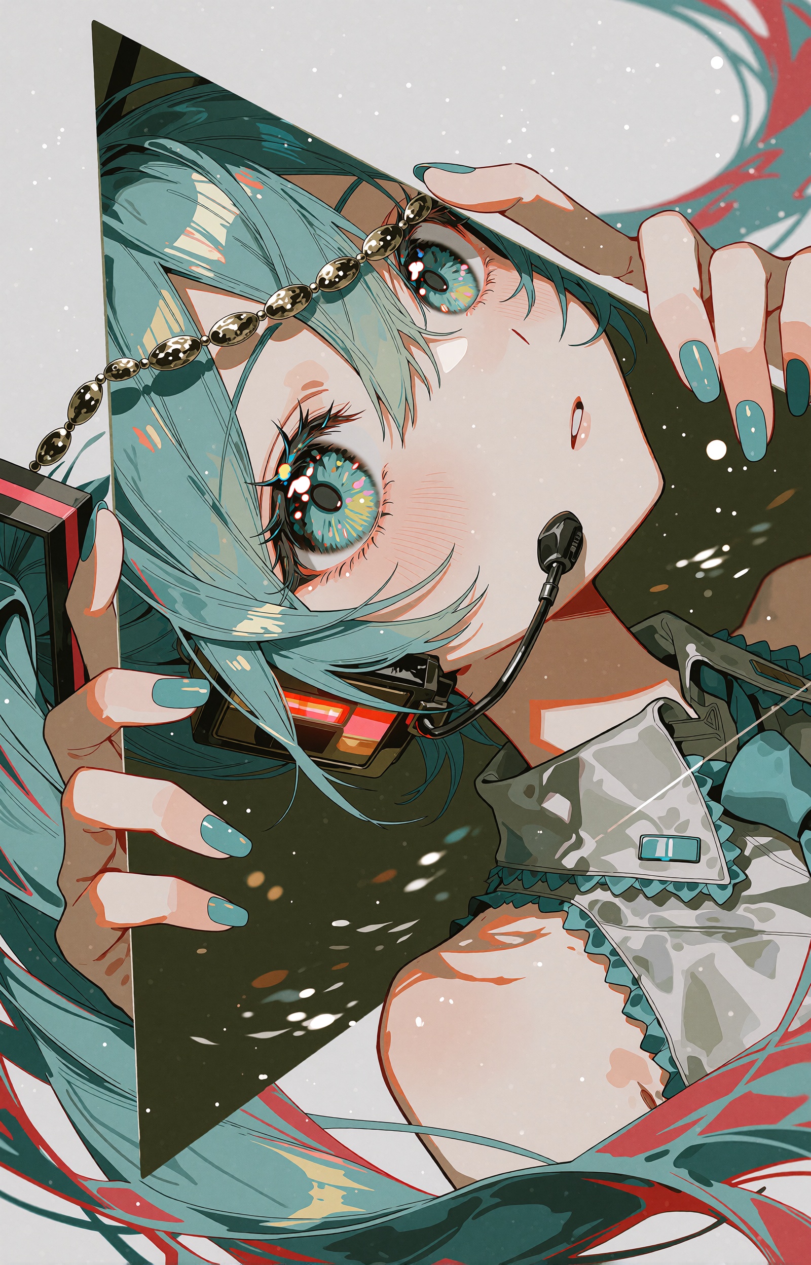 Hatsune Miku floats sideways inside a floating triangular shard of dream,  her face turned almost upside-down as she peers...