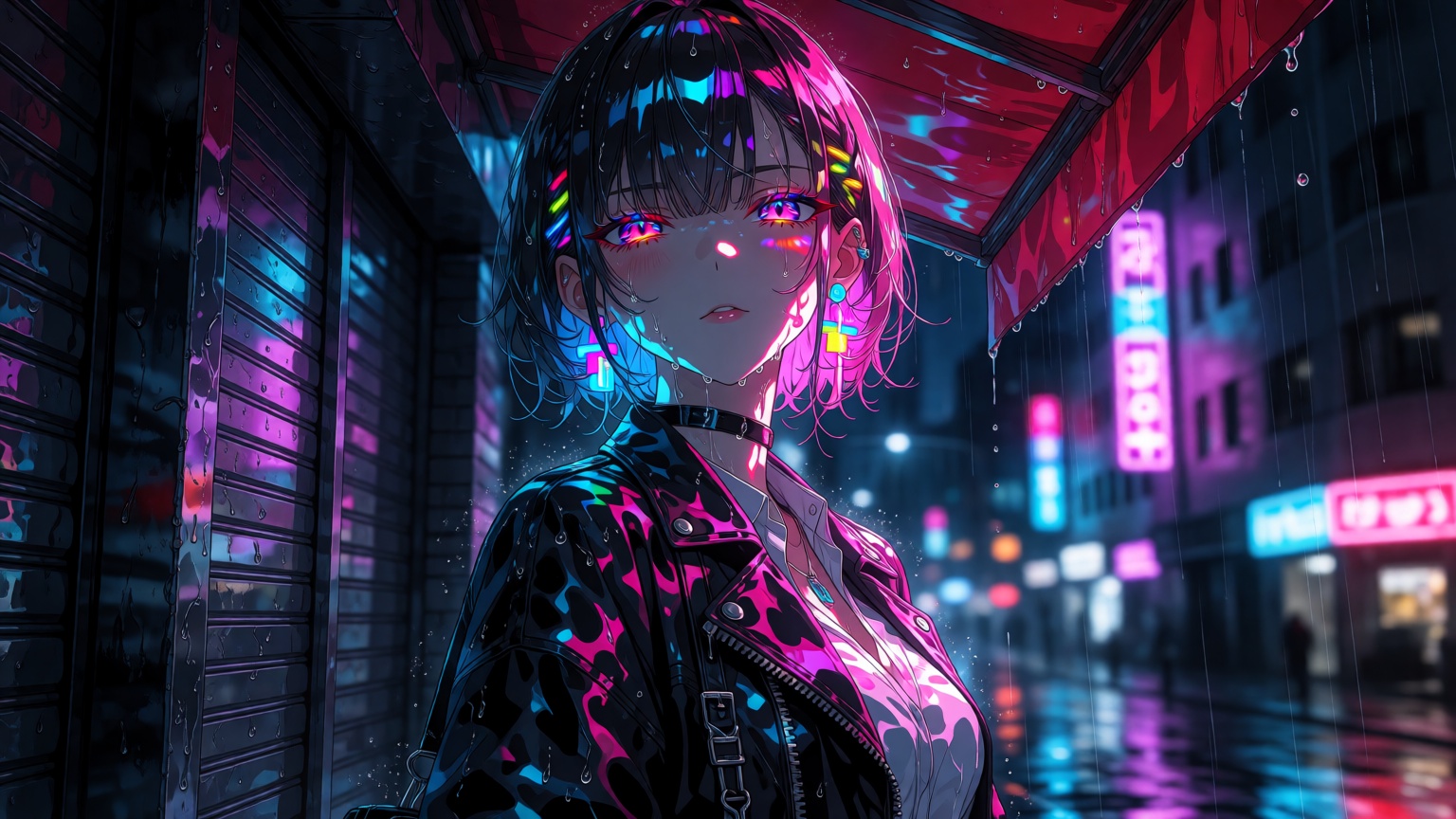 A stylish anime woman standing beneath an awning on a rainy city street at night. Vibrant pink,  cyan and violet neon sign...