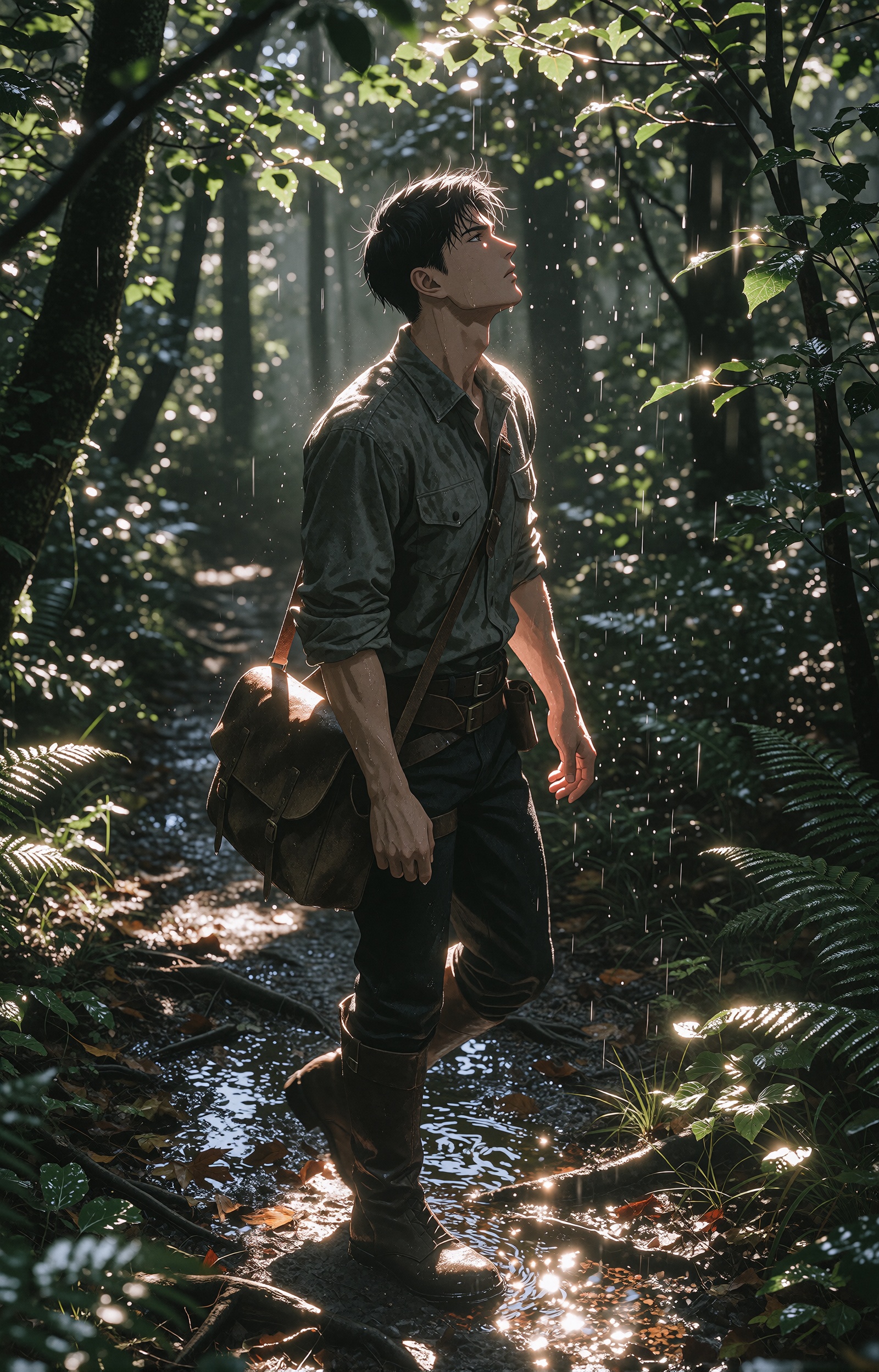 A young ***** man walks along a narrow forest path immediately after a summer rainstorm,  clearly masculine with short bla...