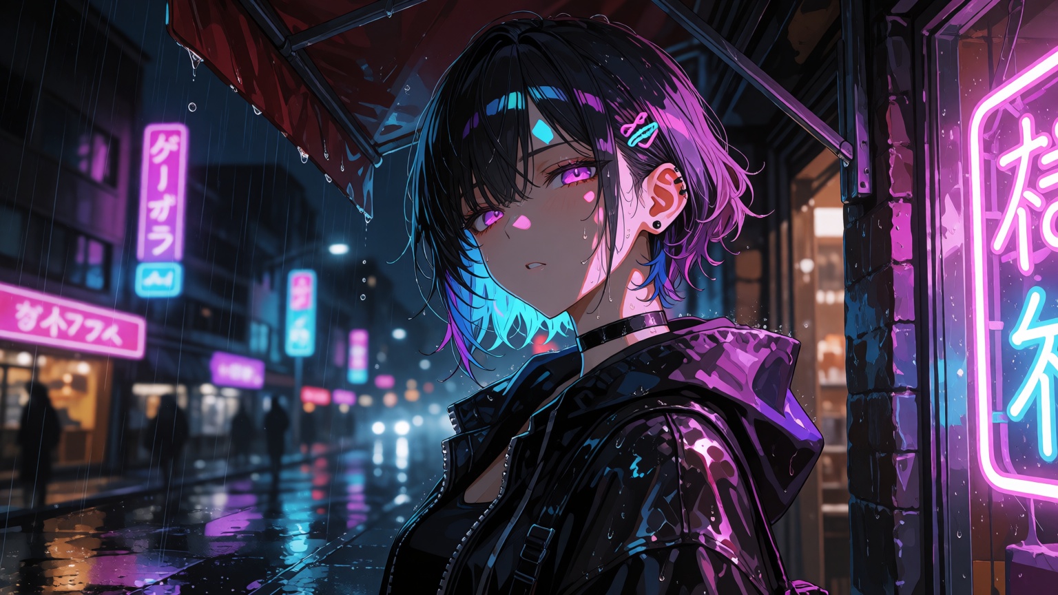 A stylish anime woman standing beneath an awning on a rainy city street at night. Vibrant pink,  cyan and violet neon sign...