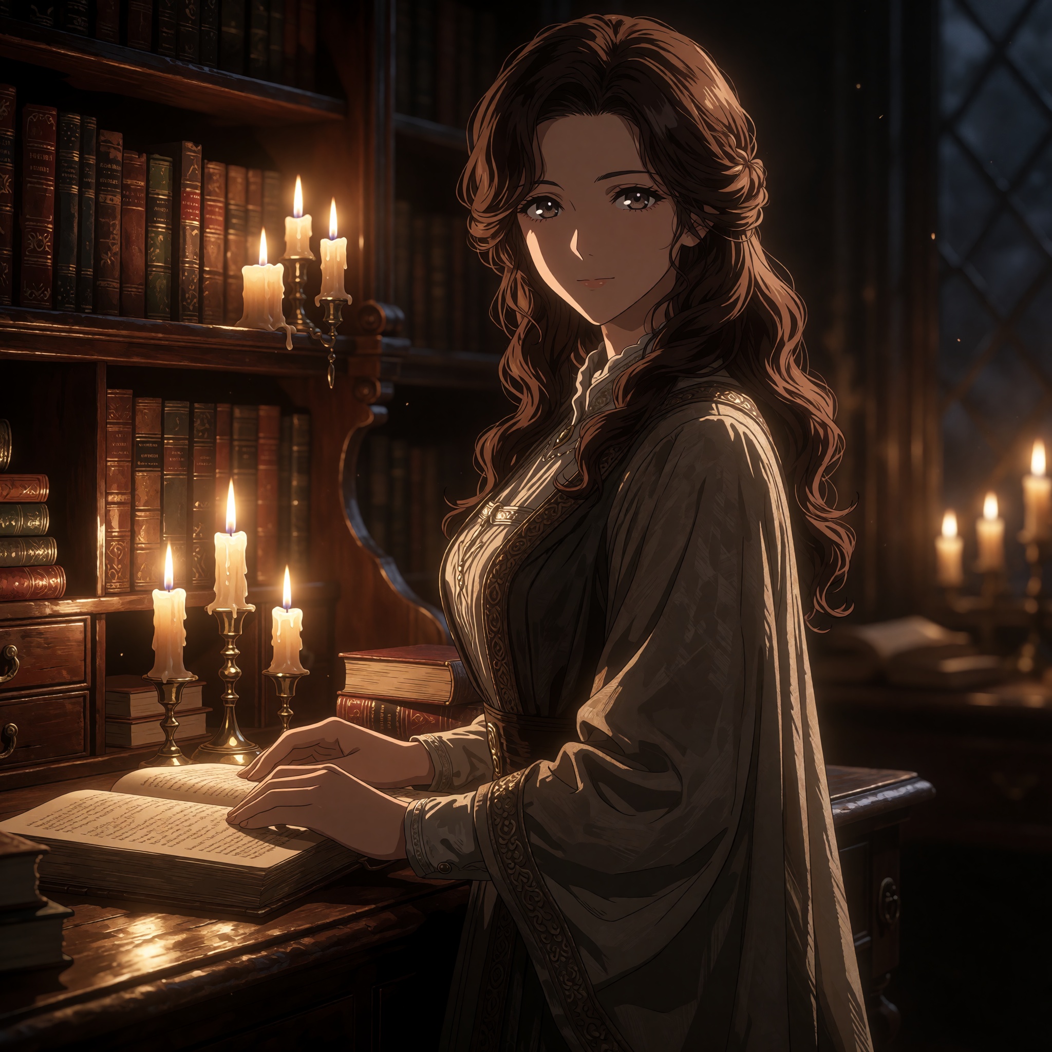 A richly detailed anime illustration of a young ***** woman in an old study filled with books,  wooden furniture,  and war...