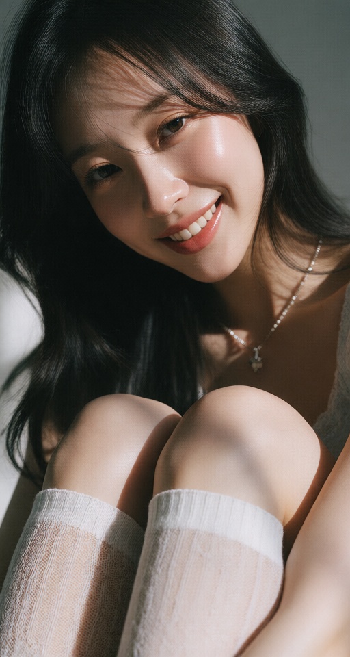 Create a realistic image of a solo girl sitting with long black hair,  smiling and looking directly at the viewer. Ensure...