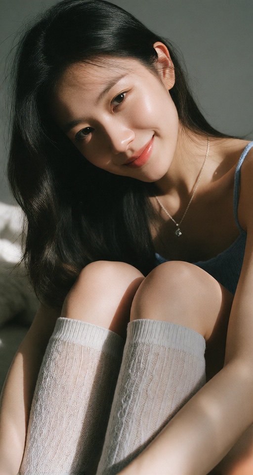 Create a realistic image of a solo girl sitting with long black hair,  smiling and looking directly at the viewer. Ensure...