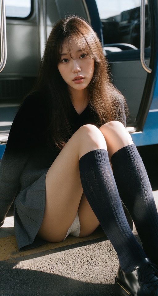 1girl solo long hair skirt brown hair brown eyes sitting socks sweater lips kneehighs ground vehicle realistic train inter...