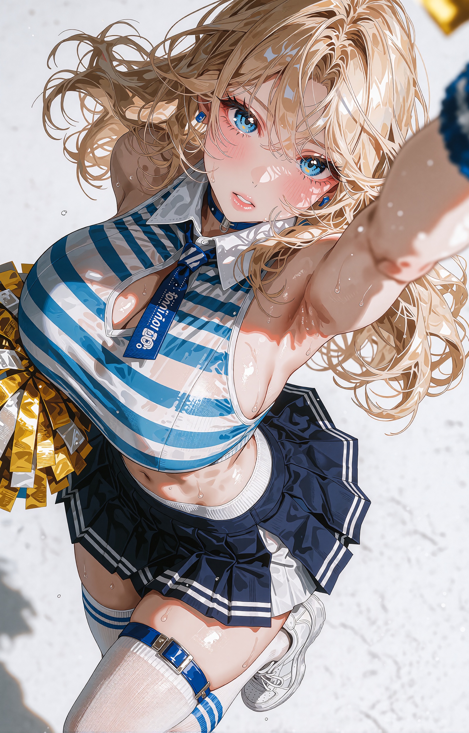 A young voluptuous anime cheerleader with huge breasts,  long flowing wavy blonde hair and vivid blue eyes floats suspende...