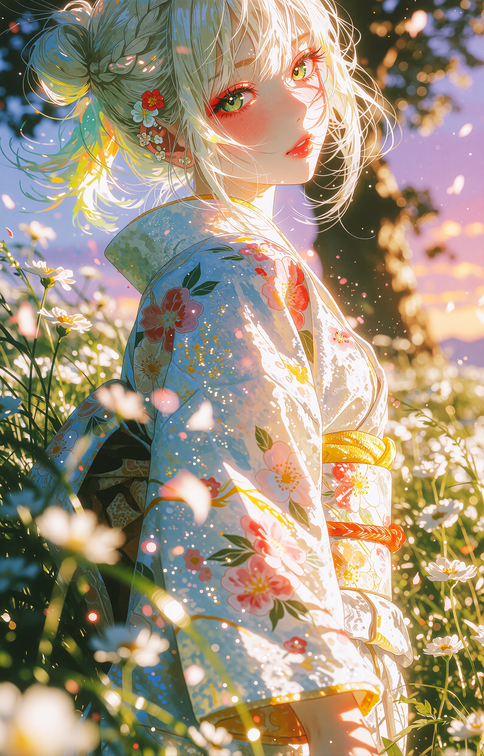 A luminous anime-style illustration depicts a young woman with long platinum-blonde hair,  partly gathered up,  tilting he...