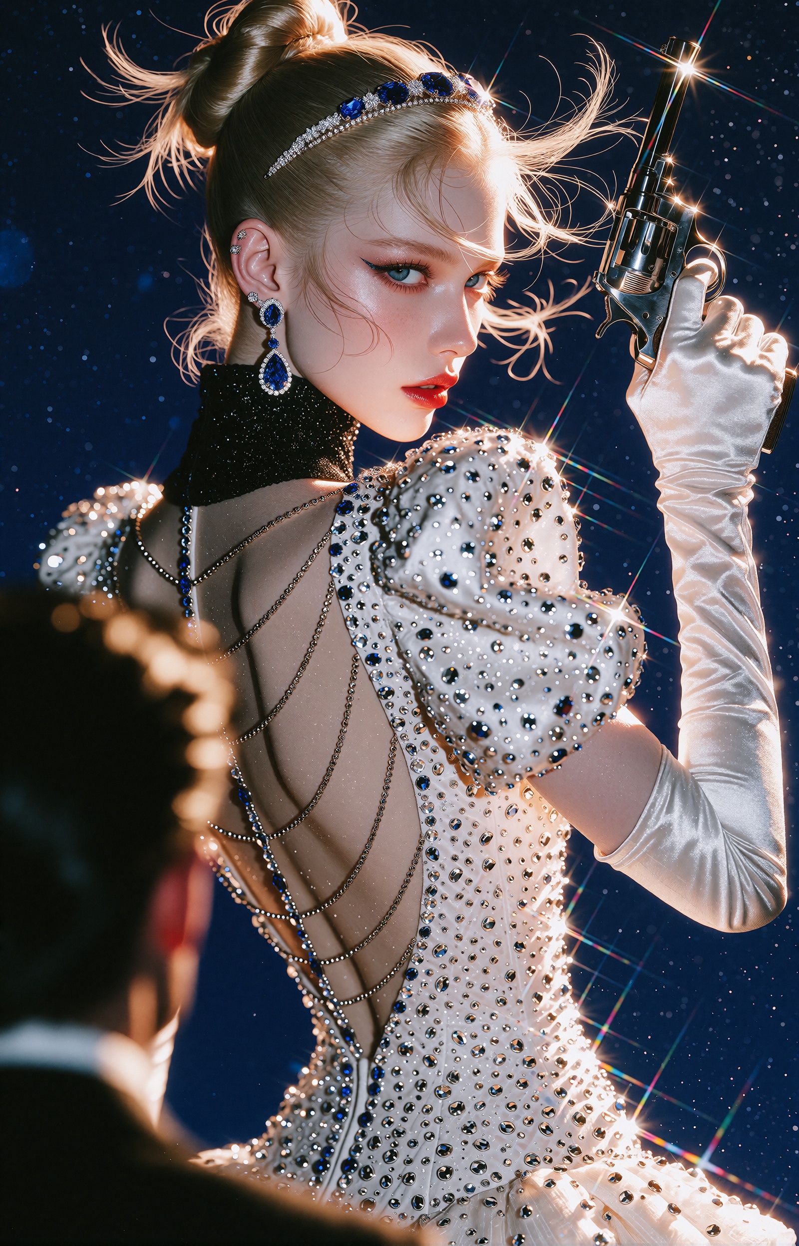 Vertical fashion poster of an ***** female model glancing back over her shoulder in a three-quarter rear pose,  blonde hai...