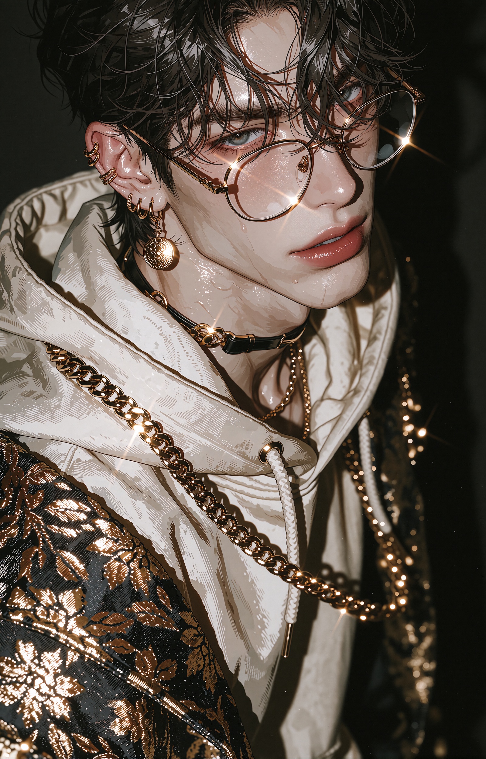 An ***** male fashion model poses for an editorial poster photoshoot,  rendered in semi-realism mixed with manhwa illustra...