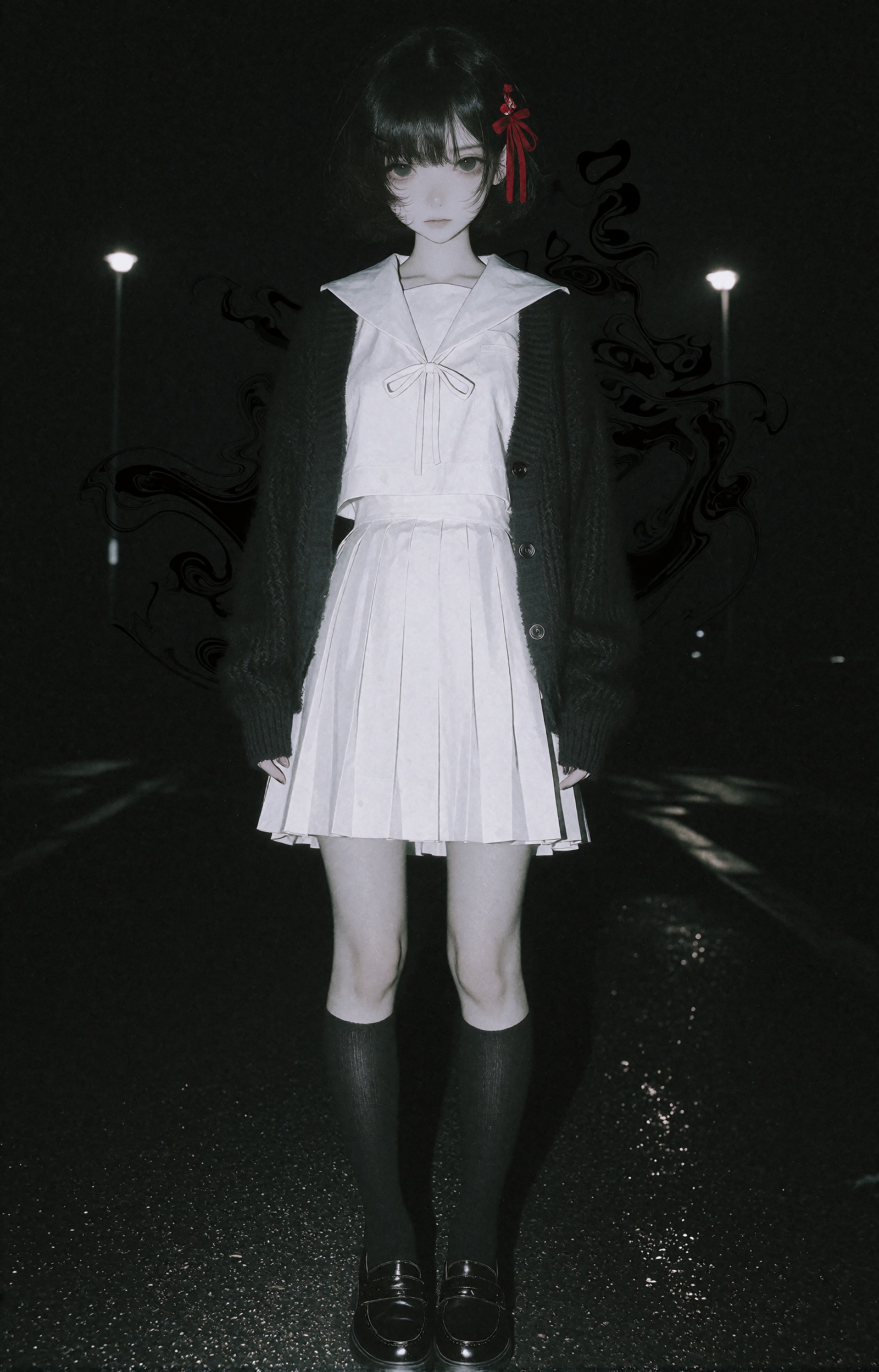 A lone girl with a short dark bob haircut accented by a small red ribbon at one side stands alone in the darkness,  her pa...