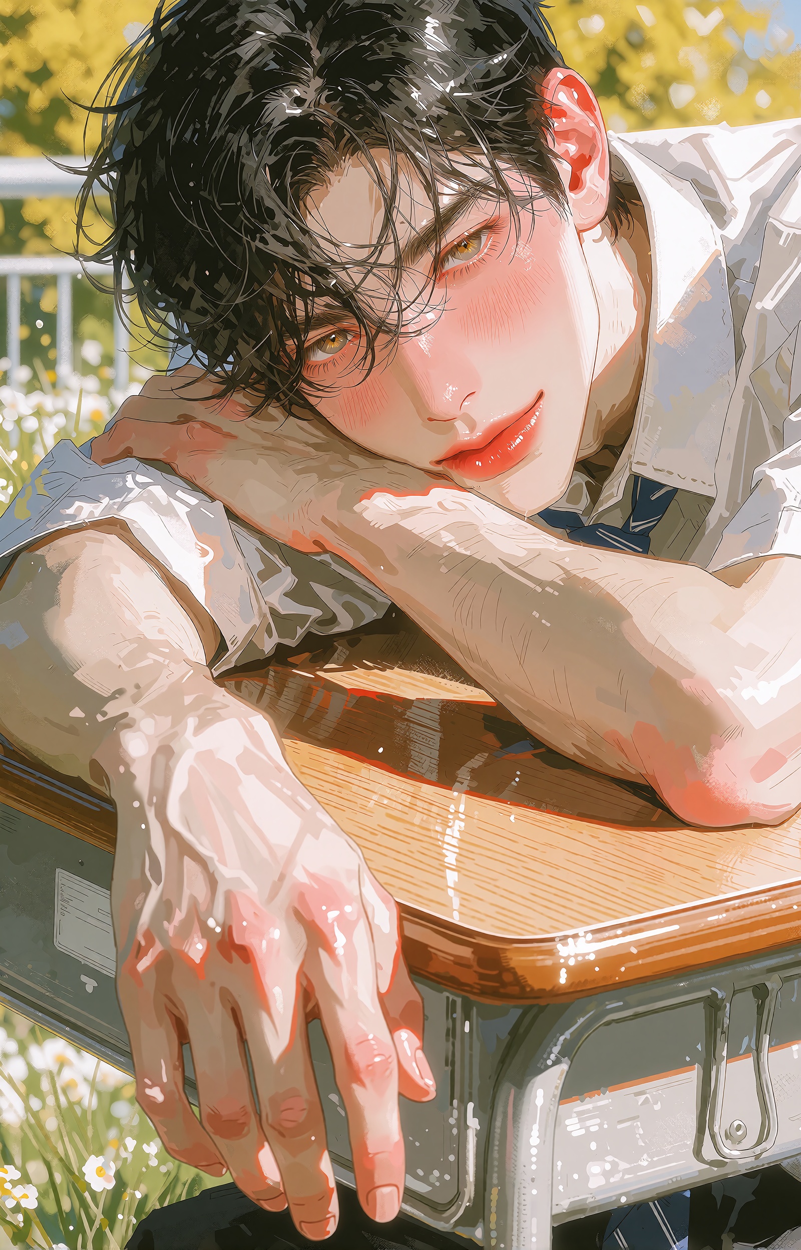 A handsome young man with messy black wavy hair,  loose strands falling softly over his forehead,  gazes intimately at the...