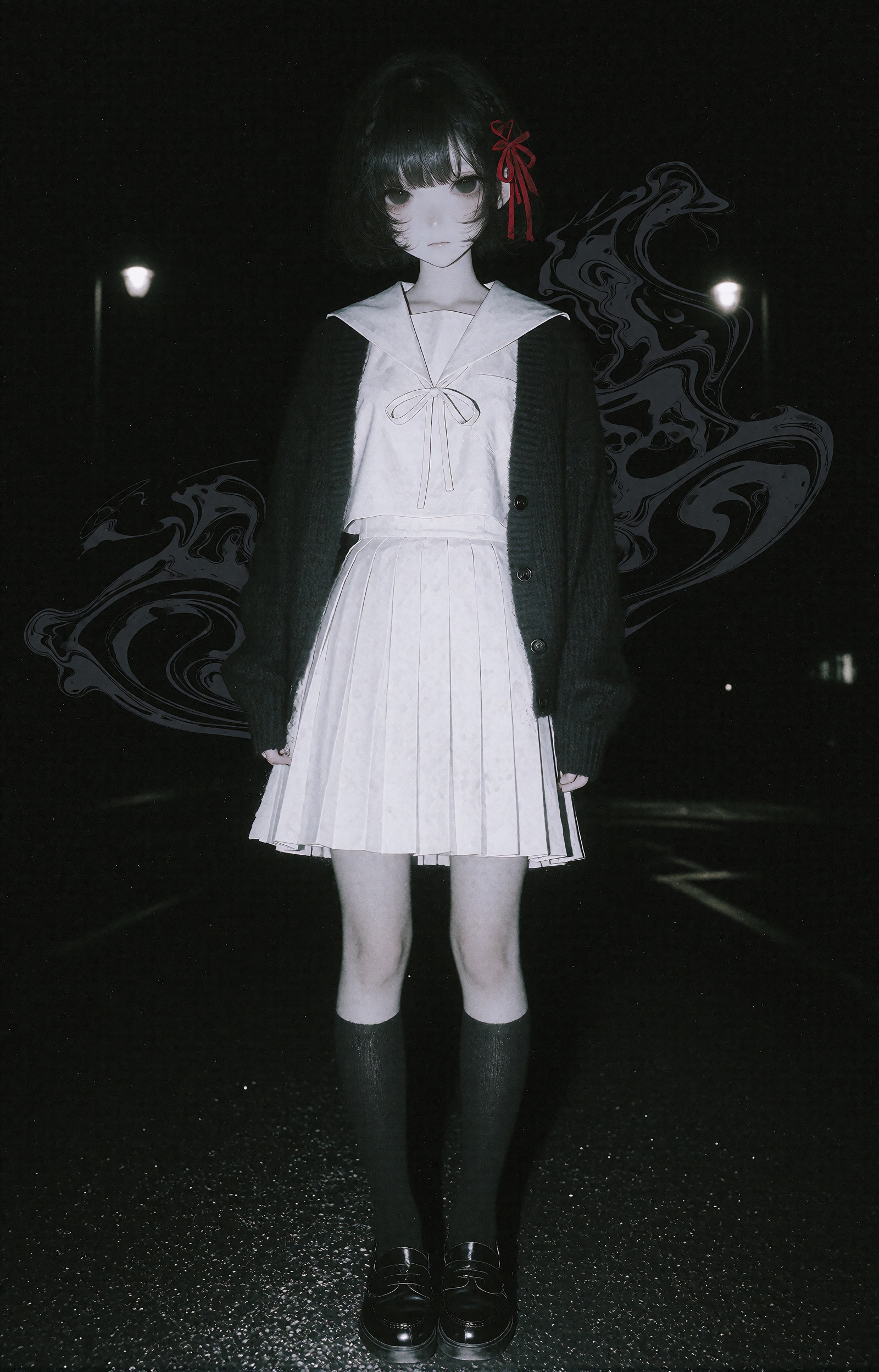 A lone girl with a short dark bob haircut accented by a small red ribbon at one side stands alone in the darkness,  her pa...