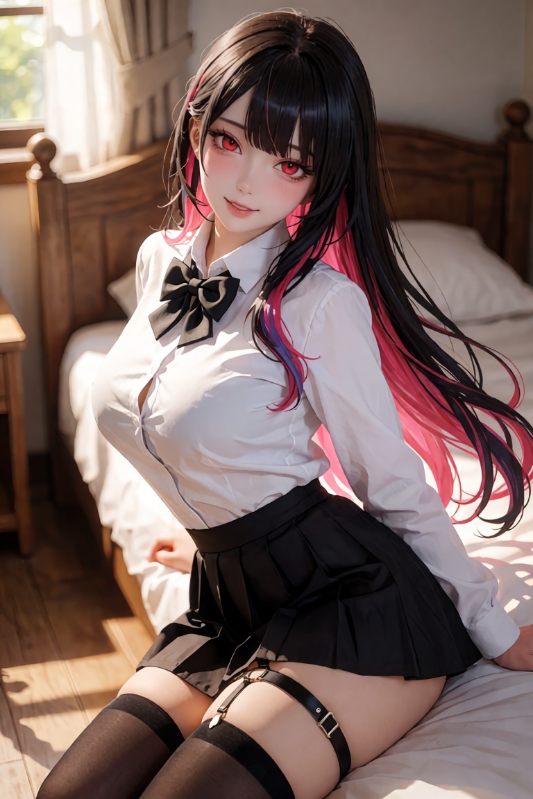 A breathtaking,  hyper-realistic DSLR photograph of a charismatic young woman seated gracefully on the edge of a neatly ma...