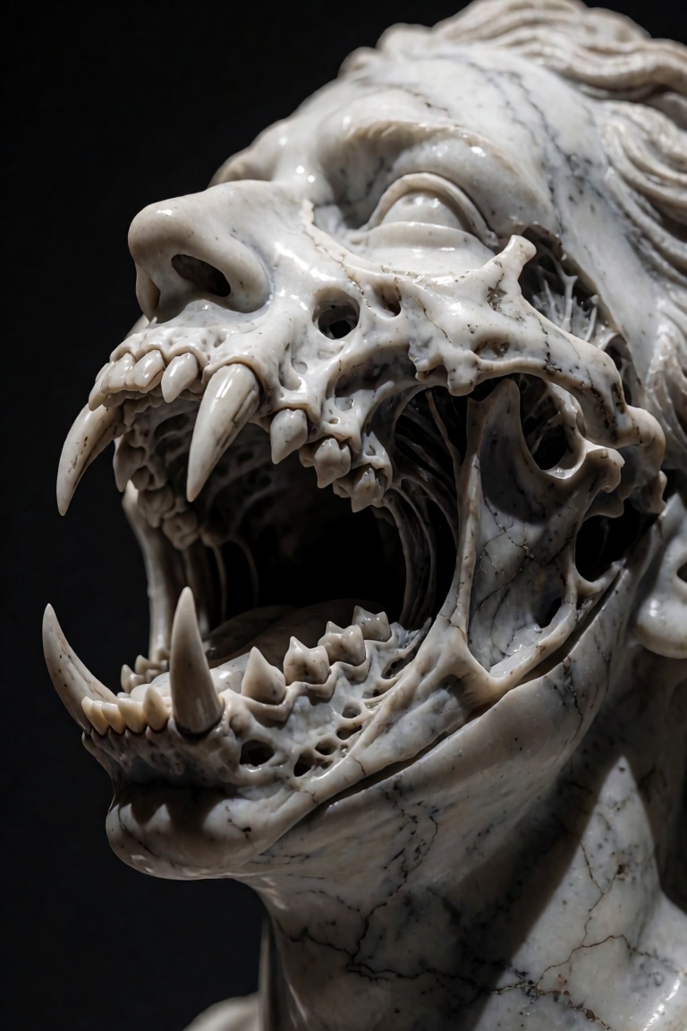 A breathtaking,  hyper-realistic macro DSLR photograph of a surreal dark fantasy sculpture showcased inside a dimly lit,...