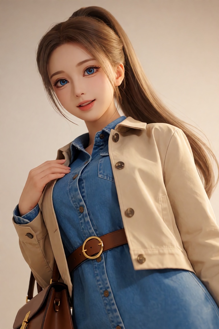 A breathtaking,  hyper-realistic upper-body DSLR portrait of a confident and youthful young woman standing against a minim...