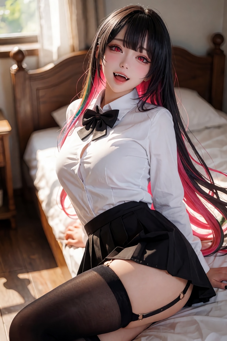 A breathtaking,  hyper-realistic DSLR photograph of a charismatic young woman seated gracefully on the edge of a neatly ma...