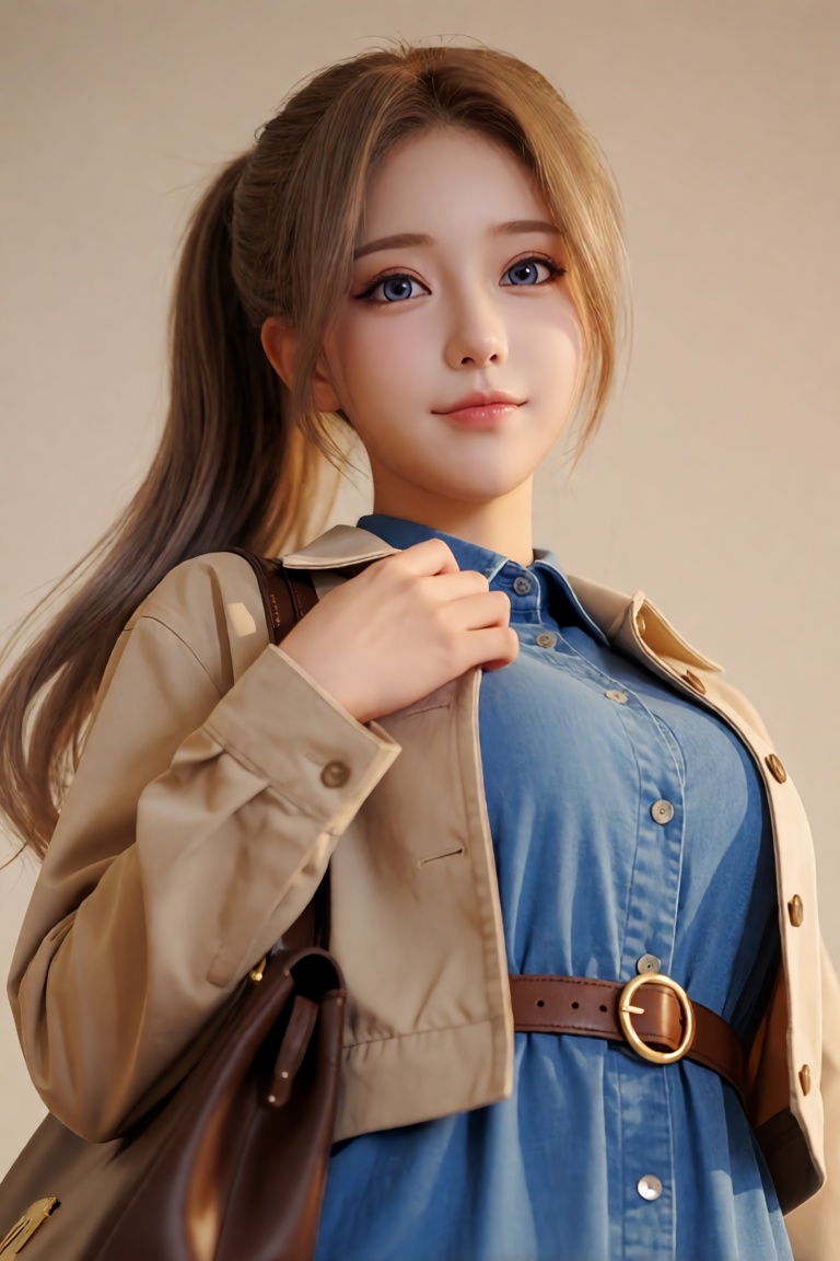 A breathtaking,  hyper-realistic upper-body DSLR portrait of a confident and youthful young woman standing against a minim...