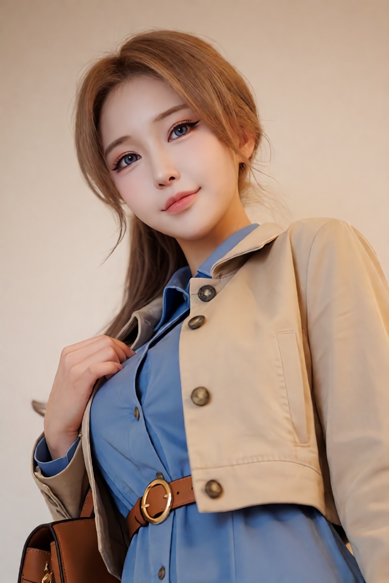 A breathtaking,  hyper-realistic upper-body DSLR portrait of a confident and youthful young woman standing against a minim...