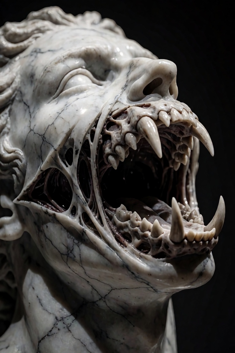 A breathtaking,  hyper-realistic macro DSLR photograph of a surreal dark fantasy sculpture showcased inside a dimly lit,...