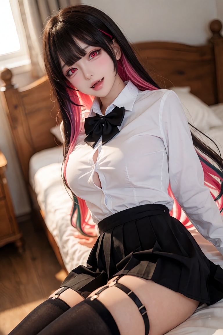 A breathtaking,  hyper-realistic DSLR photograph of a charismatic young woman seated gracefully on the edge of a neatly ma...