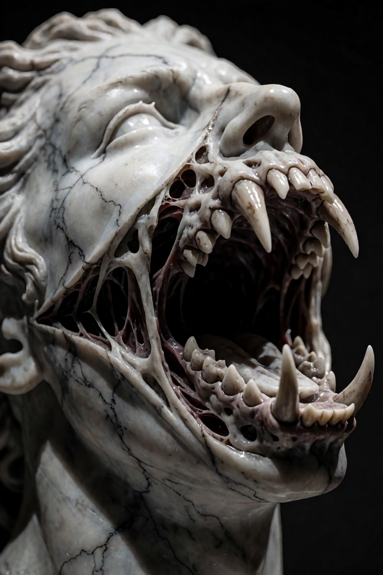 A breathtaking,  hyper-realistic macro DSLR photograph of a surreal dark fantasy sculpture showcased inside a dimly lit,...