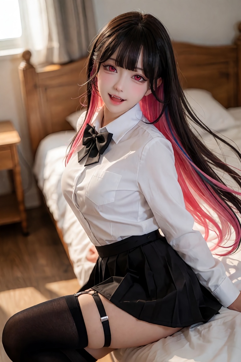 A breathtaking,  hyper-realistic DSLR photograph of a charismatic young woman seated gracefully on the edge of a neatly ma...