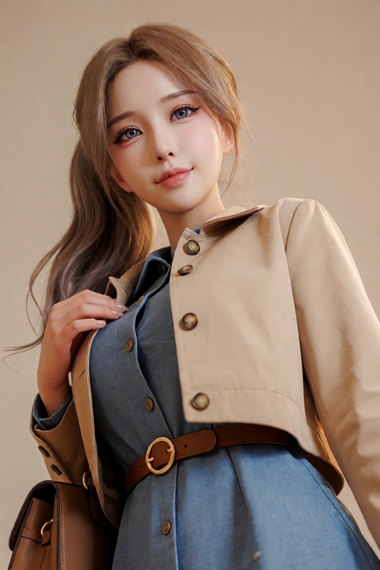 A breathtaking,  hyper-realistic upper-body DSLR portrait of a confident and youthful young woman standing against a minim...