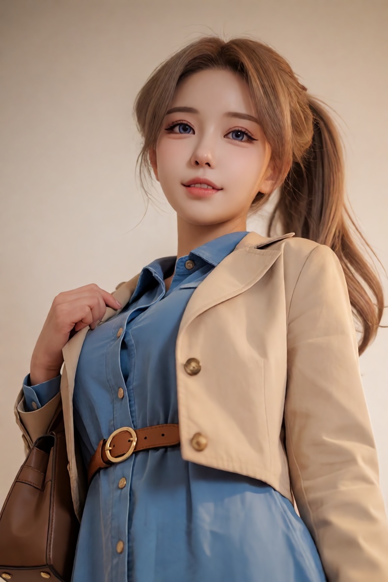 A breathtaking,  hyper-realistic upper-body DSLR portrait of a confident and youthful young woman standing against a minim...