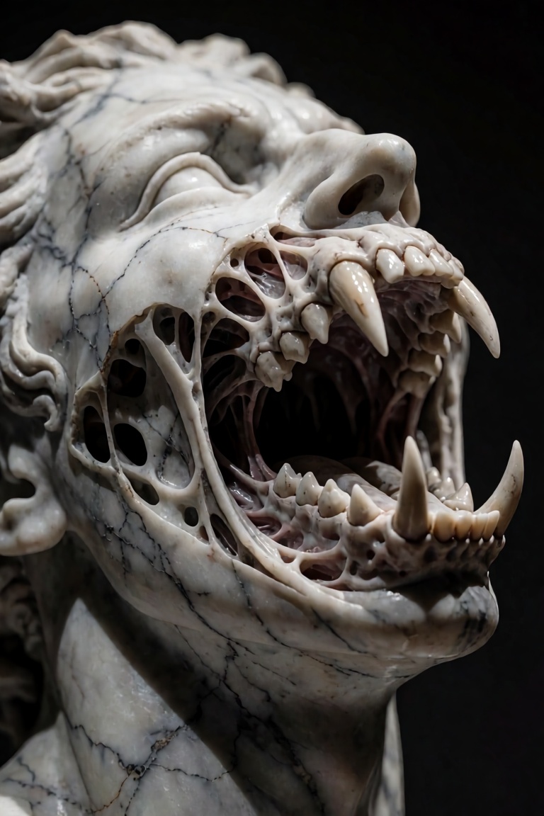 A breathtaking,  hyper-realistic macro DSLR photograph of a surreal dark fantasy sculpture showcased inside a dimly lit,...