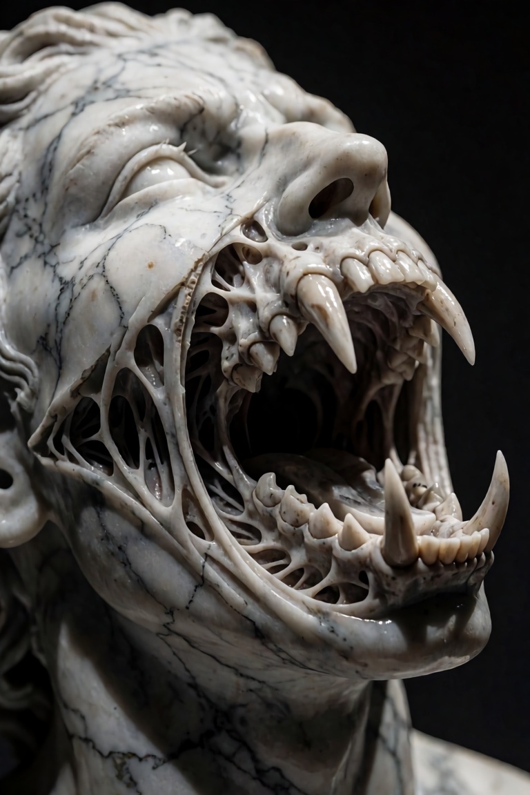 A breathtaking,  hyper-realistic macro DSLR photograph of a surreal dark fantasy sculpture showcased inside a dimly lit,...
