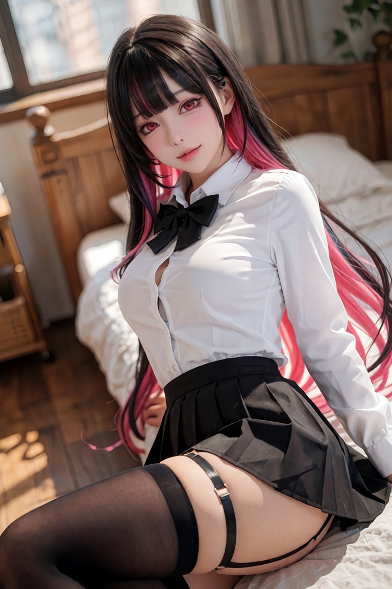 A breathtaking,  hyper-realistic DSLR photograph of a charismatic young woman seated gracefully on the edge of a neatly ma...