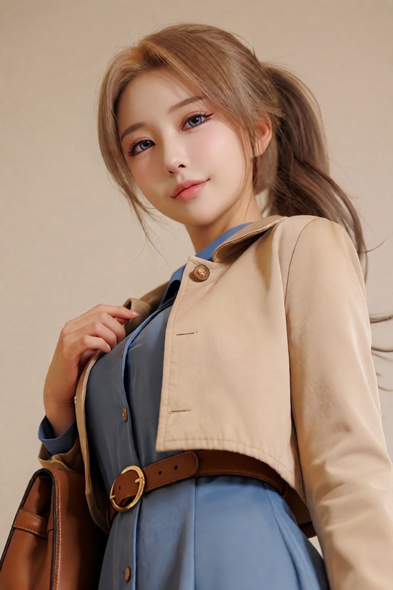 A breathtaking,  hyper-realistic upper-body DSLR portrait of a confident and youthful young woman standing against a minim...
