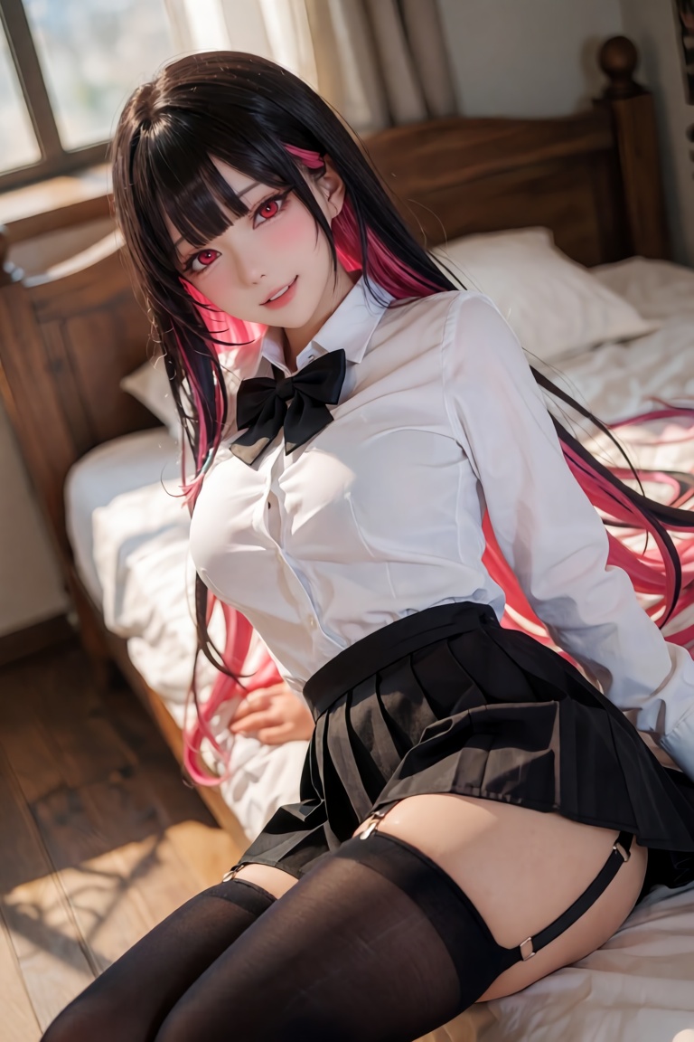 A breathtaking,  hyper-realistic DSLR photograph of a charismatic young woman seated gracefully on the edge of a neatly ma...