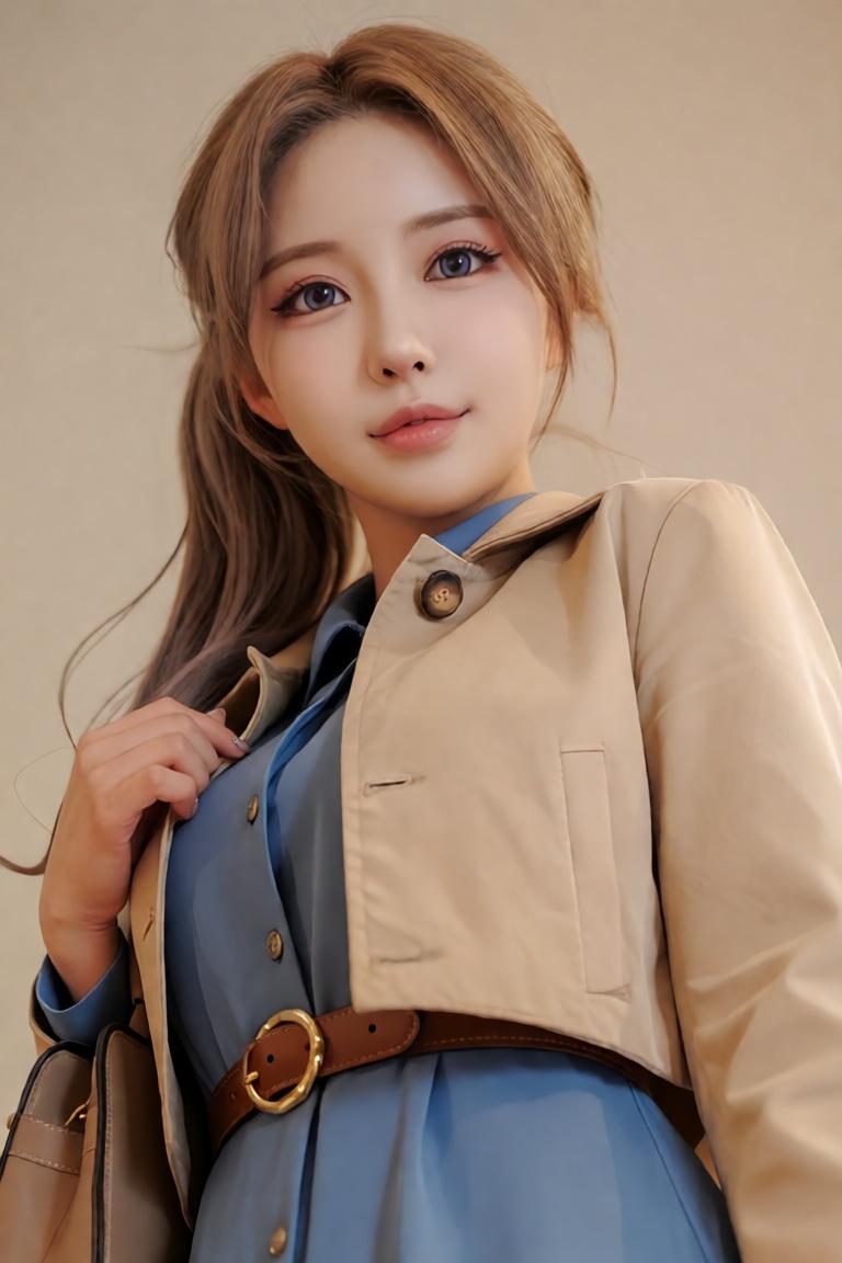A breathtaking,  hyper-realistic upper-body DSLR portrait of a confident and youthful young woman standing against a minim...