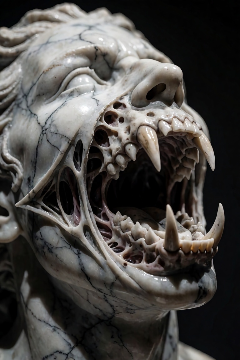 A breathtaking,  hyper-realistic macro DSLR photograph of a surreal dark fantasy sculpture showcased inside a dimly lit,...