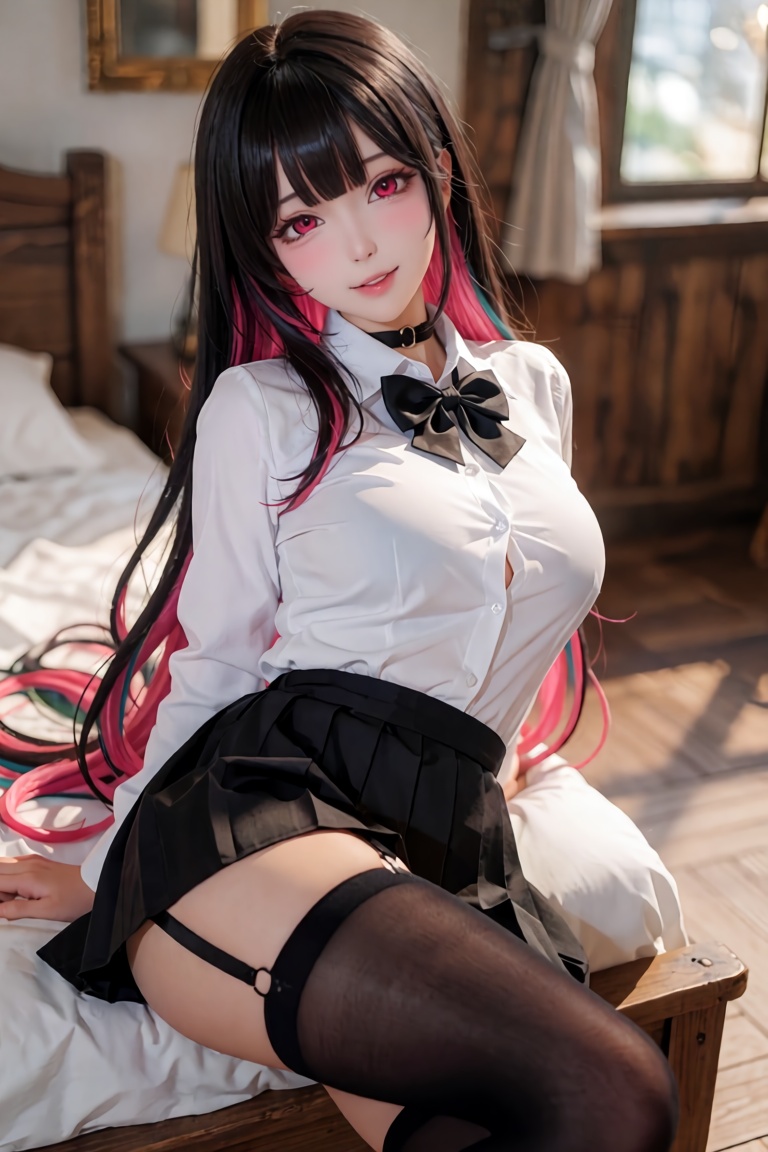 A breathtaking,  hyper-realistic DSLR photograph of a charismatic young woman seated gracefully on the edge of a neatly ma...