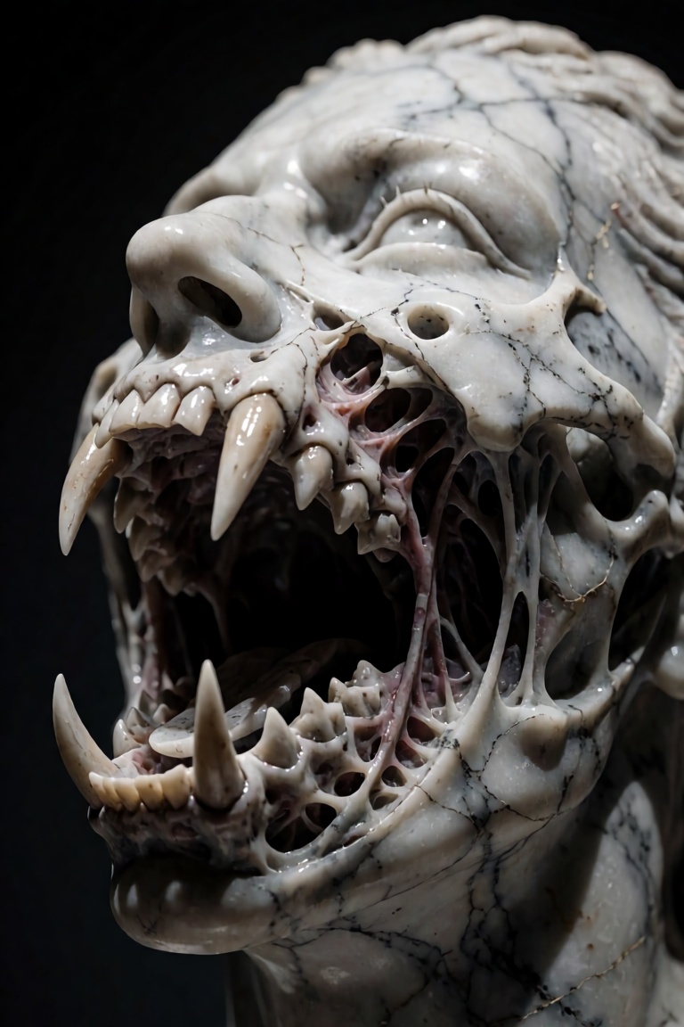 A breathtaking,  hyper-realistic macro DSLR photograph of a surreal dark fantasy sculpture showcased inside a dimly lit,...