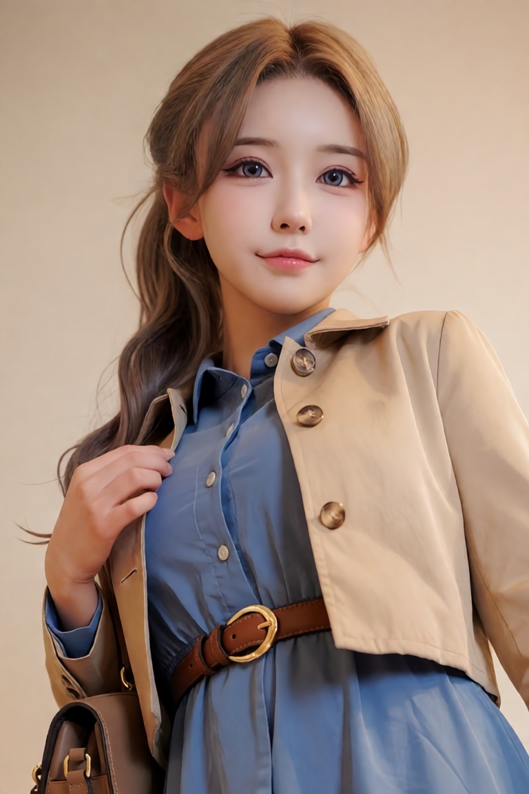 A breathtaking,  hyper-realistic upper-body DSLR portrait of a confident and youthful young woman standing against a minim...