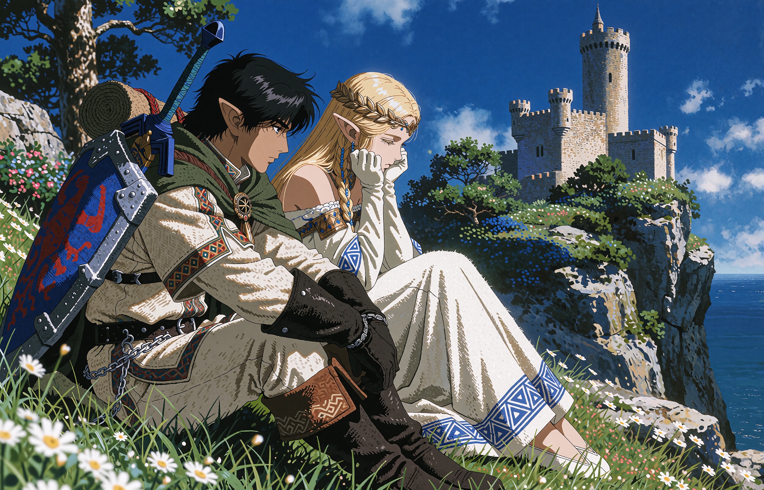 A black-haired elf swordsman and a blonde elf princess sit side by side in profile on a sunlit grassy slope at a cliff edg...