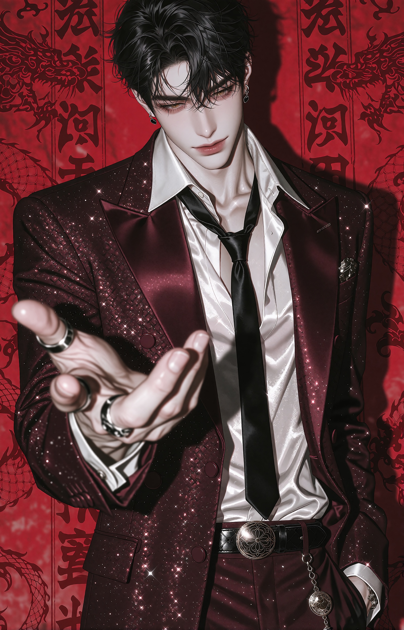A handsome young man with tousled black hair and narrow amber eyes stands against a vivid crimson backdrop,  gazing at the...