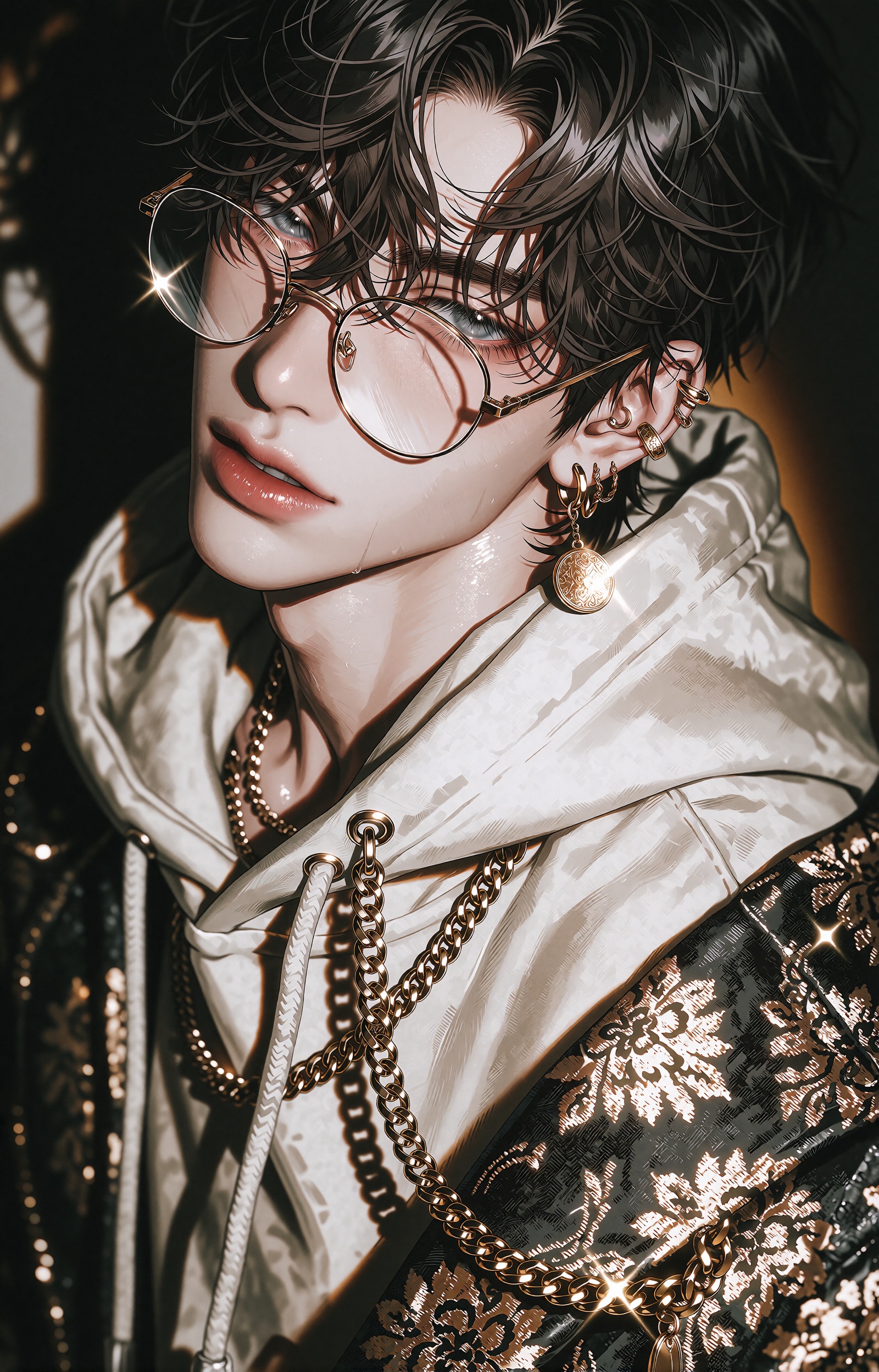 An ***** male fashion model poses for an editorial poster photoshoot,  rendered in semi-realism mixed with manhwa illustra...