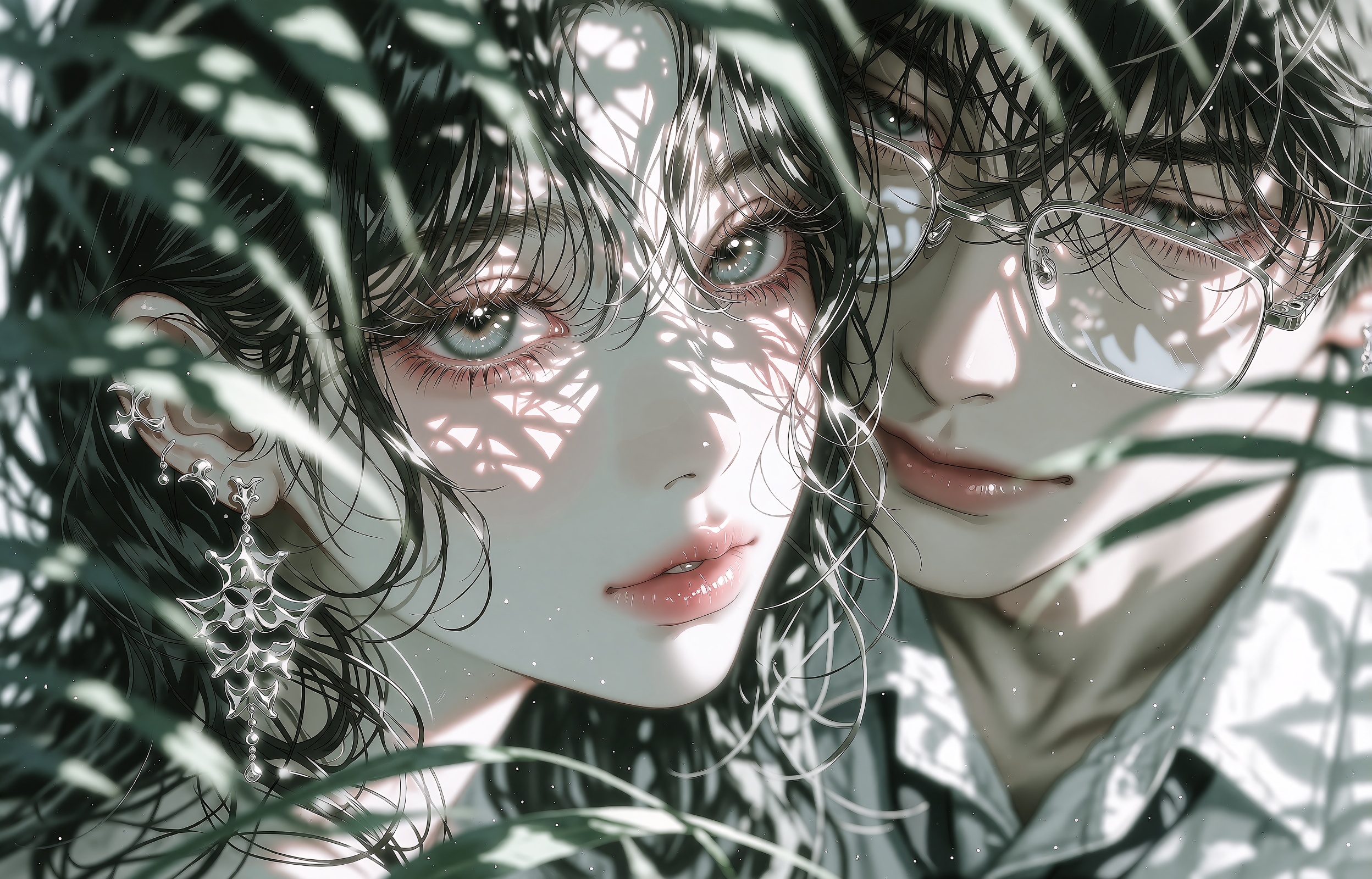 An intimate close-up portrait of two young people peeking through soft-focus green foliage. In the foreground,  a young wo...