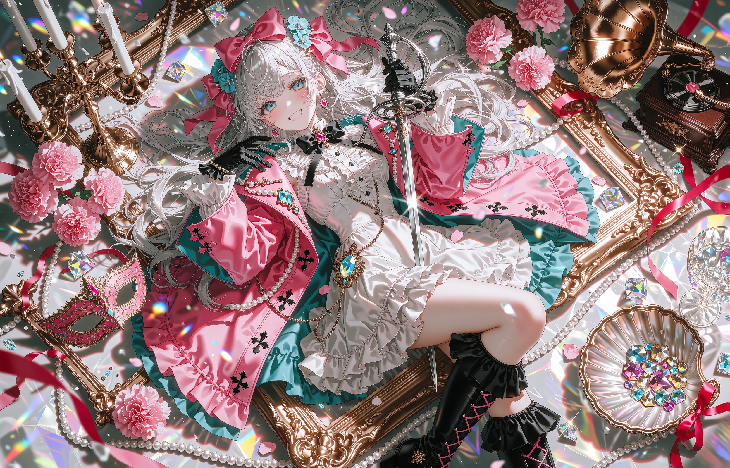 A joyful anime girl with long flowing silver-white hair and bright teal eyes lies diagonally across an ornate overhead tab...