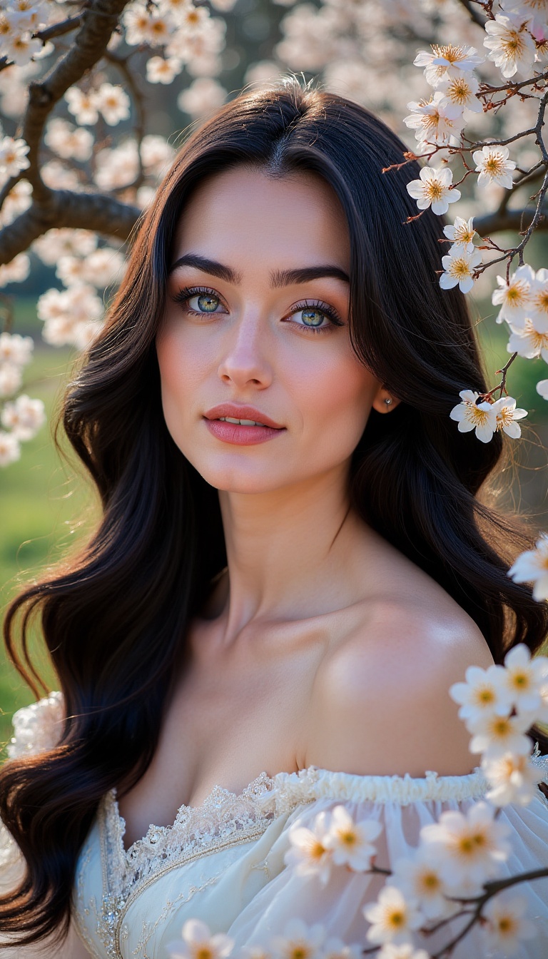 Create a beauty woman with striking blue eyes and flowing long black hair,  capturing her elegance in a serene,  natural s...