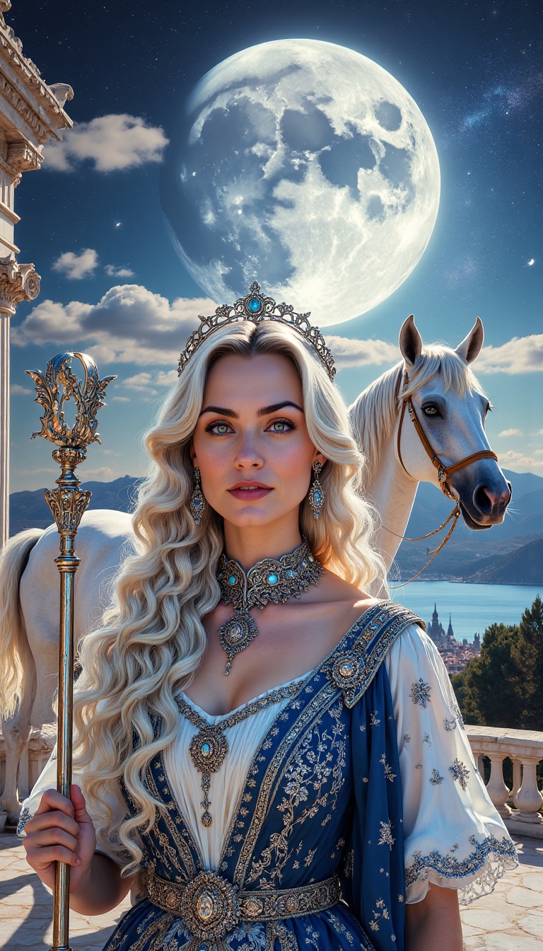 A majestic photorealistic portrait of Selene,  ancient Greek goddess of the moon,  standing on a high marble terrace above...