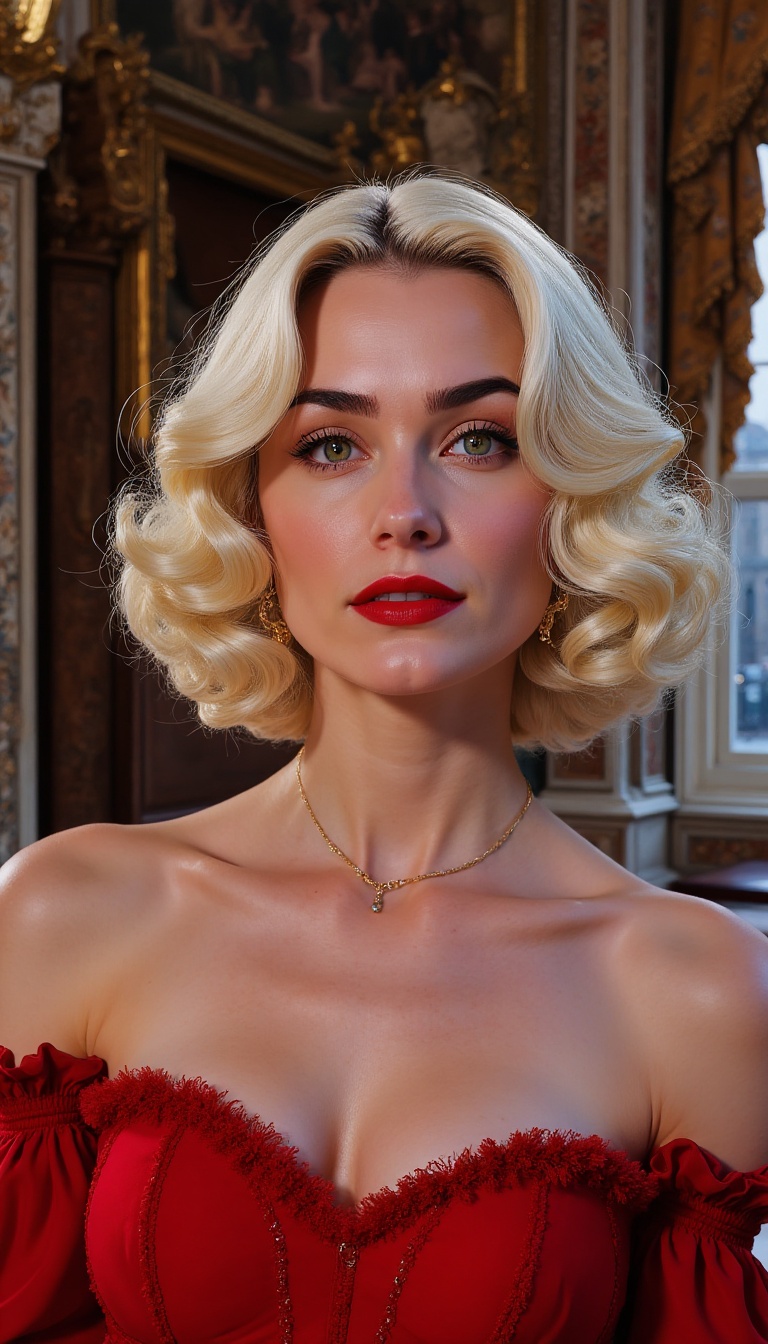 a delicate beautiful young woman with super blonde marilyn monroe hairstyle,  haircolour is white,  Very beautiful make up...