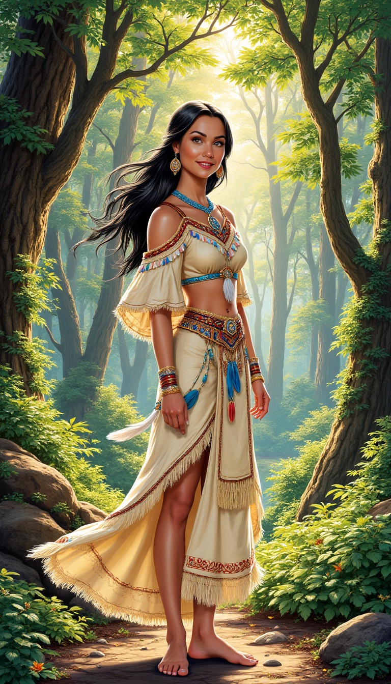 Create a vibrant and enchanting scene inspired by the character Pocahontas from Disney’s animated film. Depict her standin...
