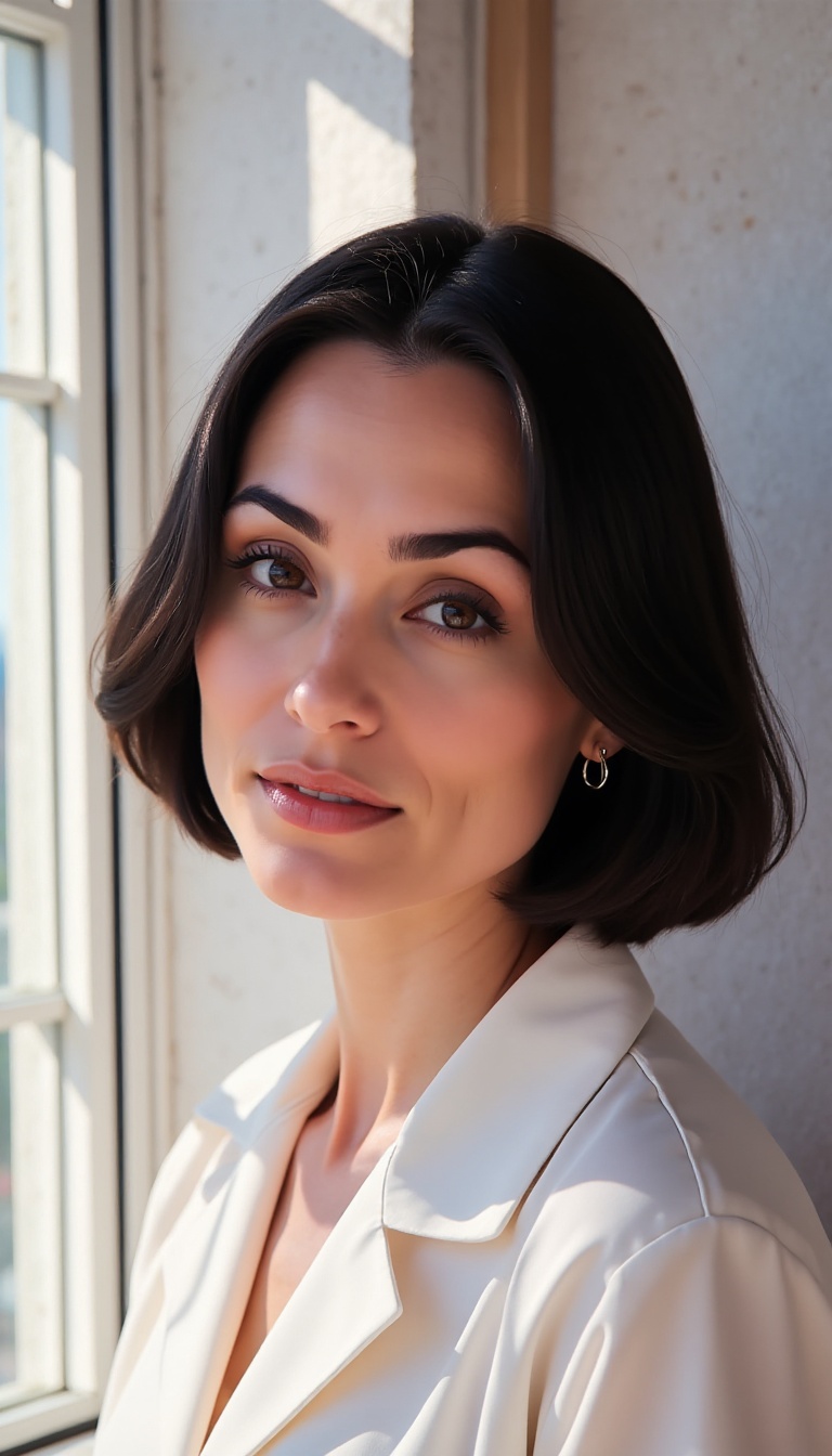 Create a portrait of Rena Sofer in a modern,  minimalist style. Use clean lines and a neutral color palette to highlight h...
