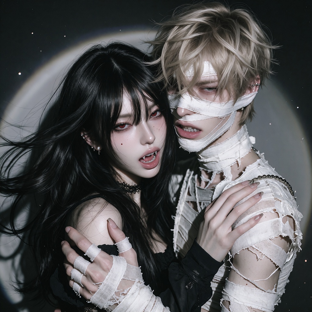 Face • Female (vampire): Pale porcelain skin,  sharp elegant features,  large almond-shaped eyes with vivid red irises and...